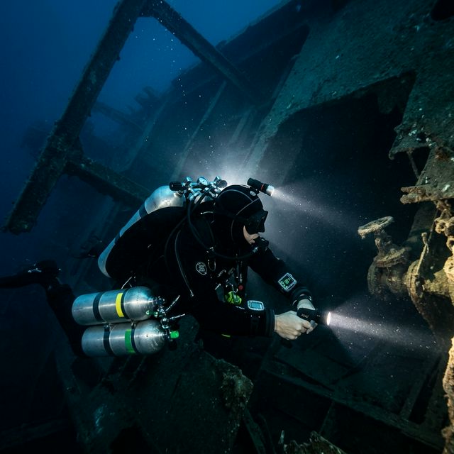 Technical diver in dark water