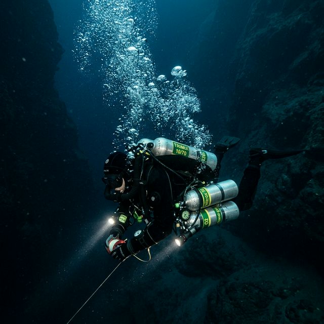 Technical diver in dark water