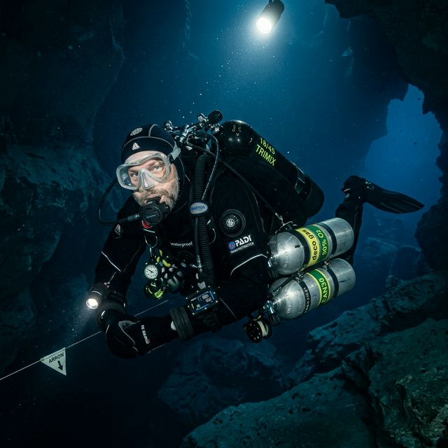 Technical diver in dark water